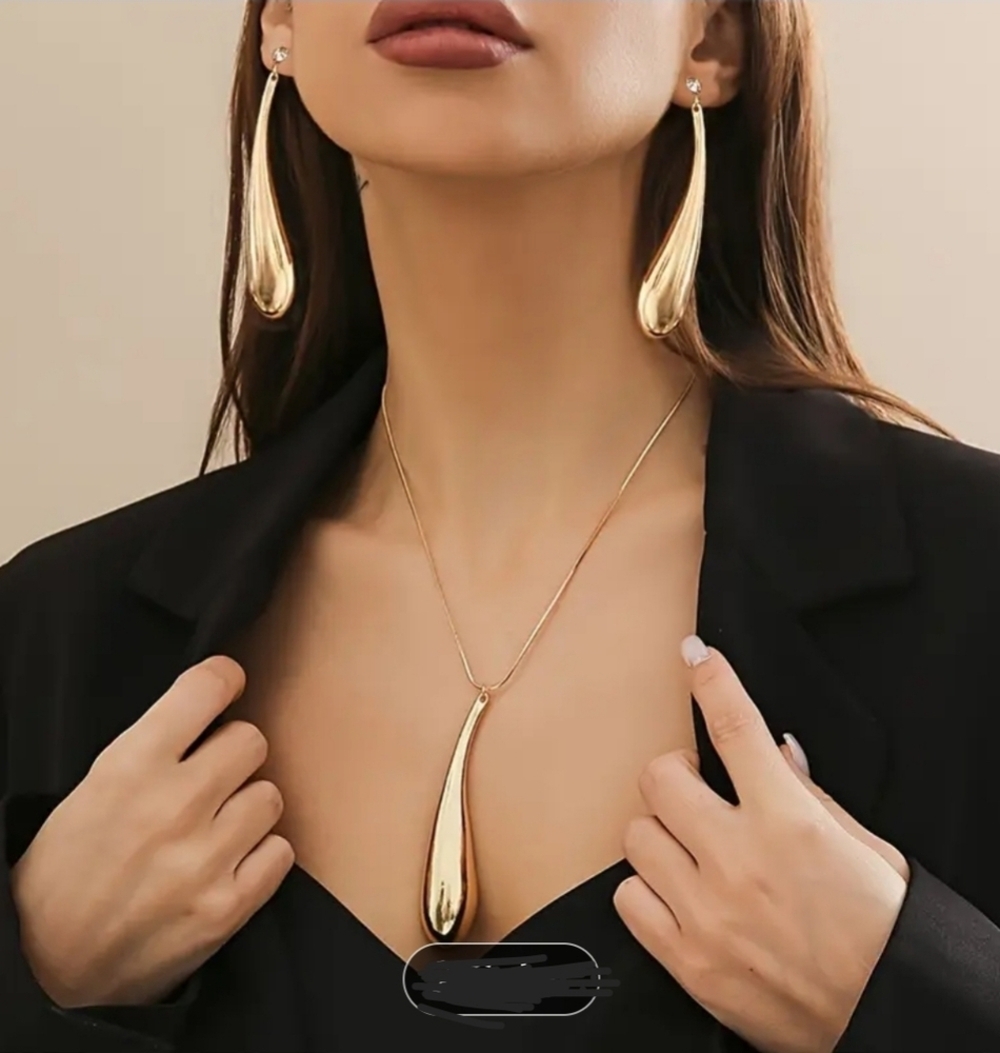 Gold teardrop necklace set earrings + Gift Box
